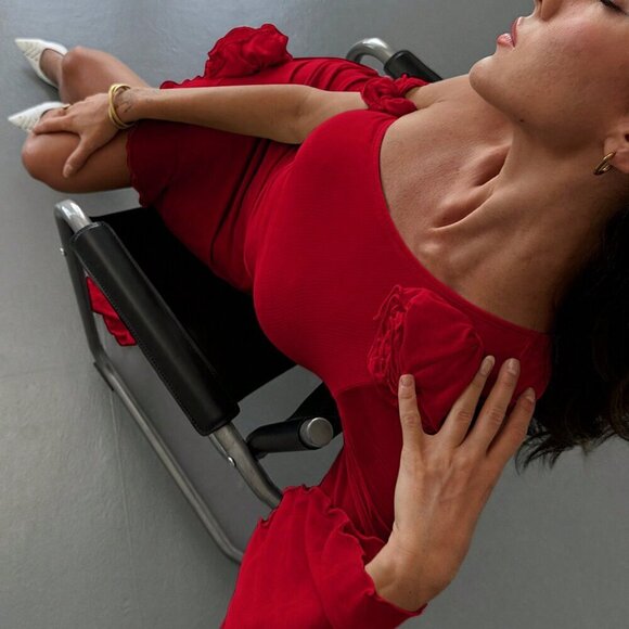 Red Sexy Women's One-Shoulder Fitted Ruffle Hem Mini Dress - Picture 7 of 7